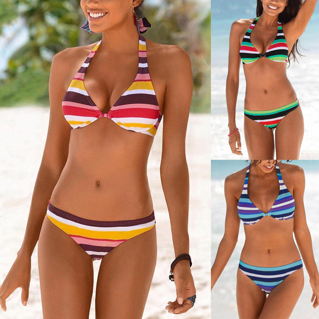 Cross Border New Swimsuit Women'S European And American Stripe Swimsuit Solid Color Sexy Bikini