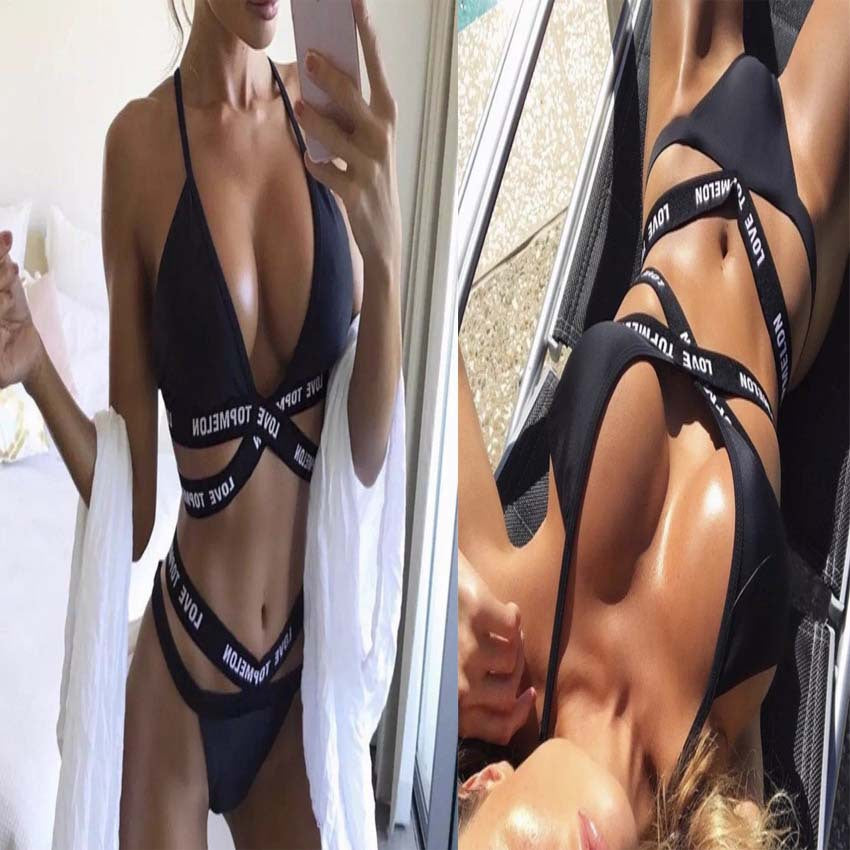 European And American Explosion Letter Cross Sling Split Swimsuit Bikini Black Sexy Swimsuit