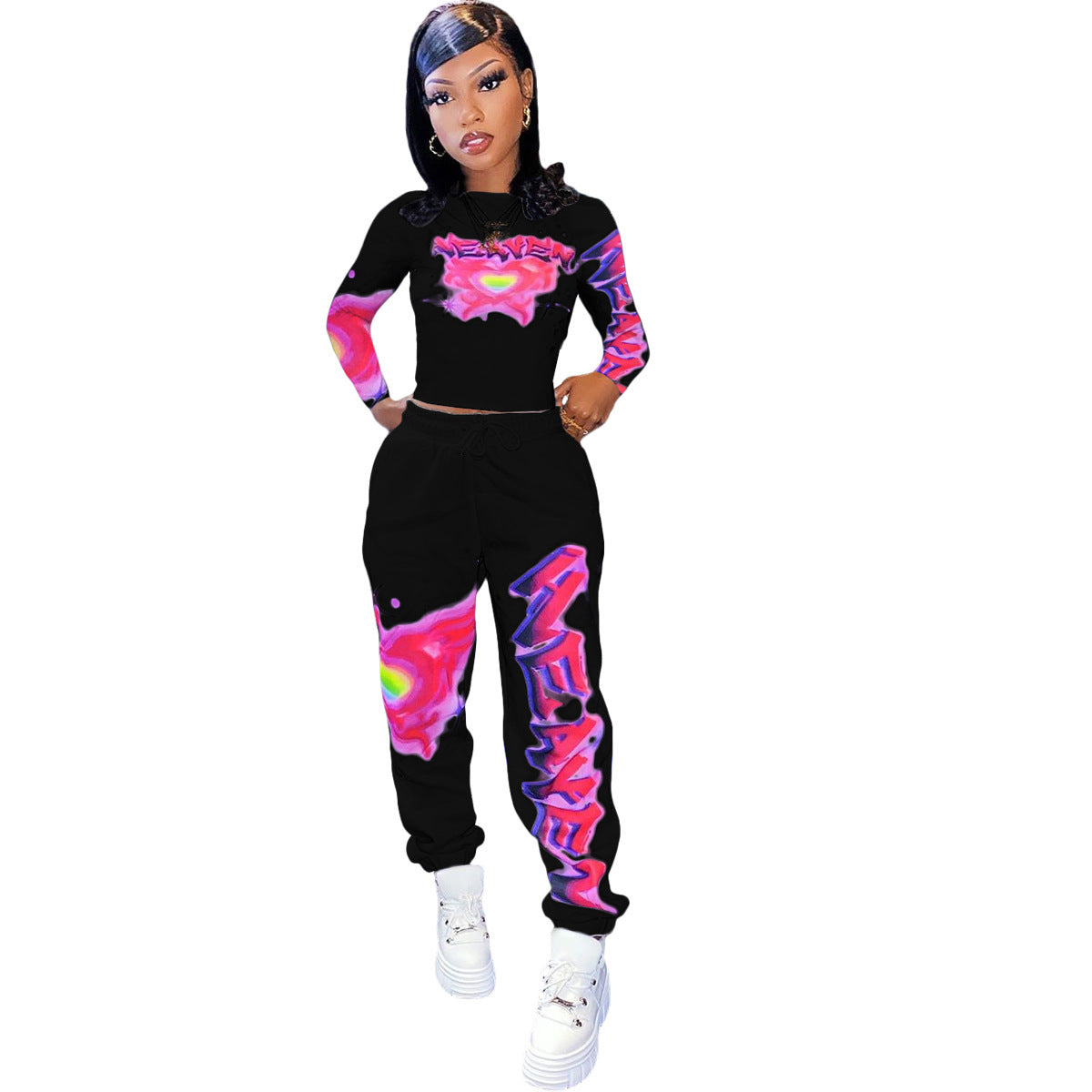 Two Piece Outfits Graffiti Letter Print Joggers Sweat Suits Women Streetwear Fashion Tracksuit 2 Piece Set - Hendrick Brun