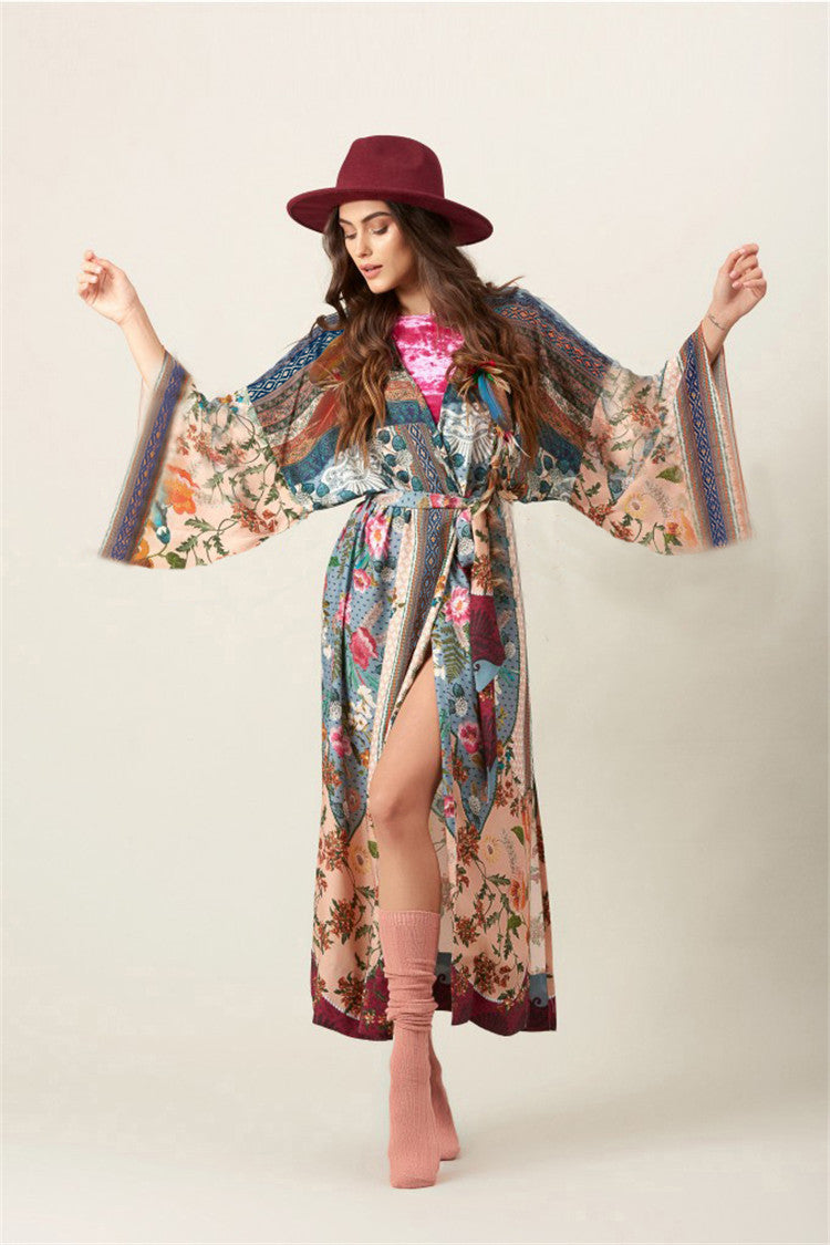 Wholesale Rayon Print Sexy Cardigan Split Beach Blouse Loose Large Holiday Sunscreen Shirt Bikini Blouse