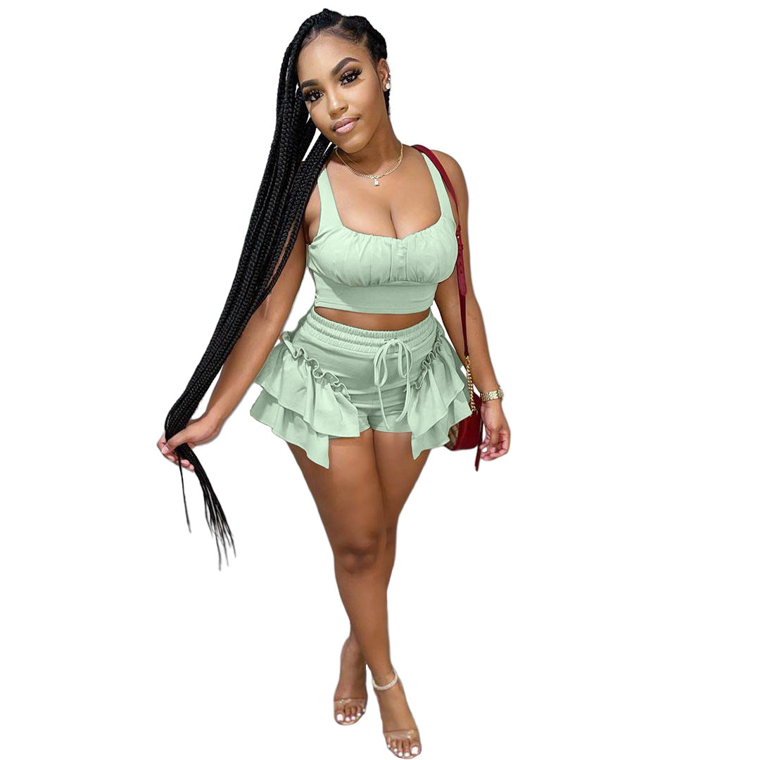 Solid Color Side Strap Two Piece Top and Shorts