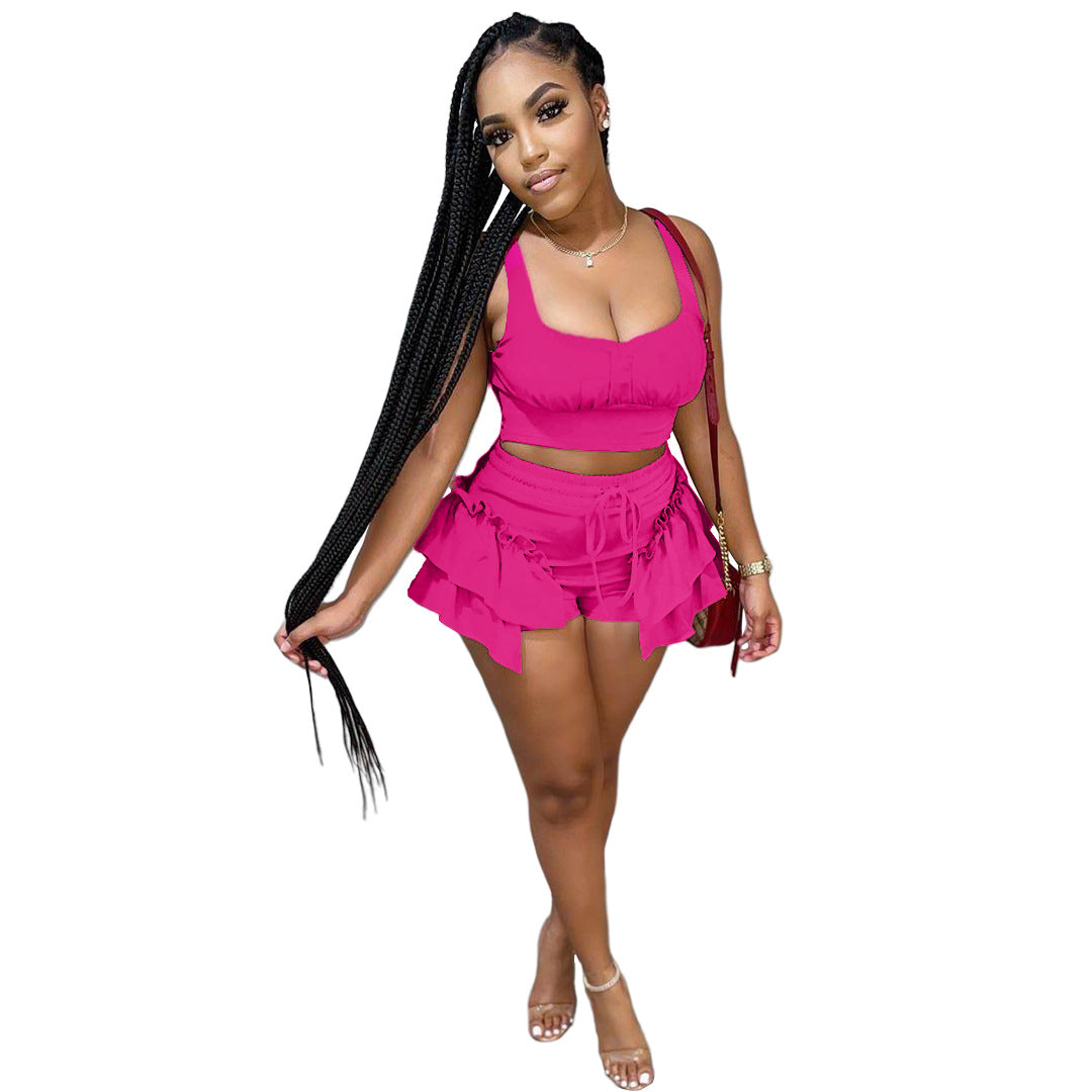 Solid Color Side Strap Two Piece Top and Shorts