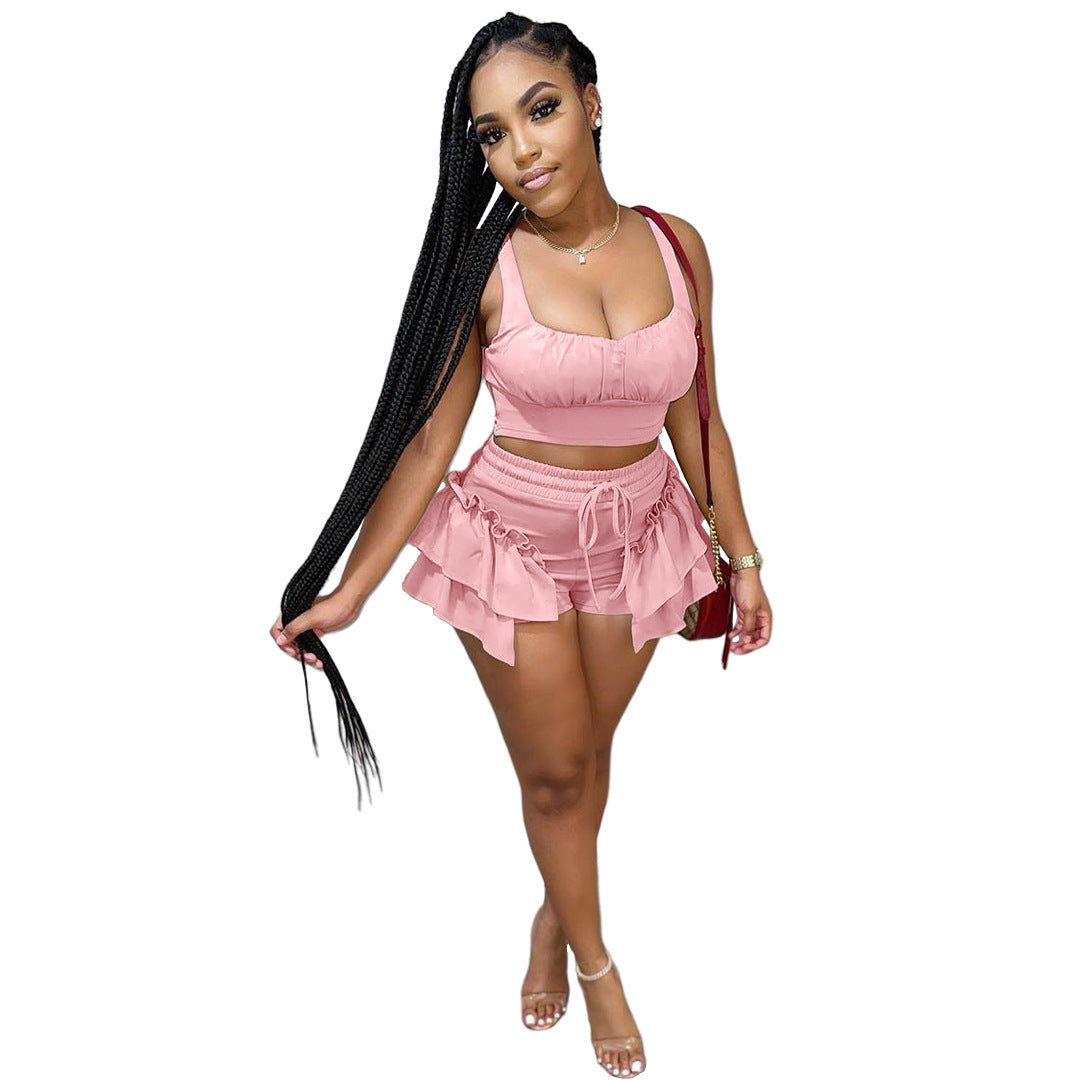 Solid Color Side Strap Two Piece Top and Shorts
