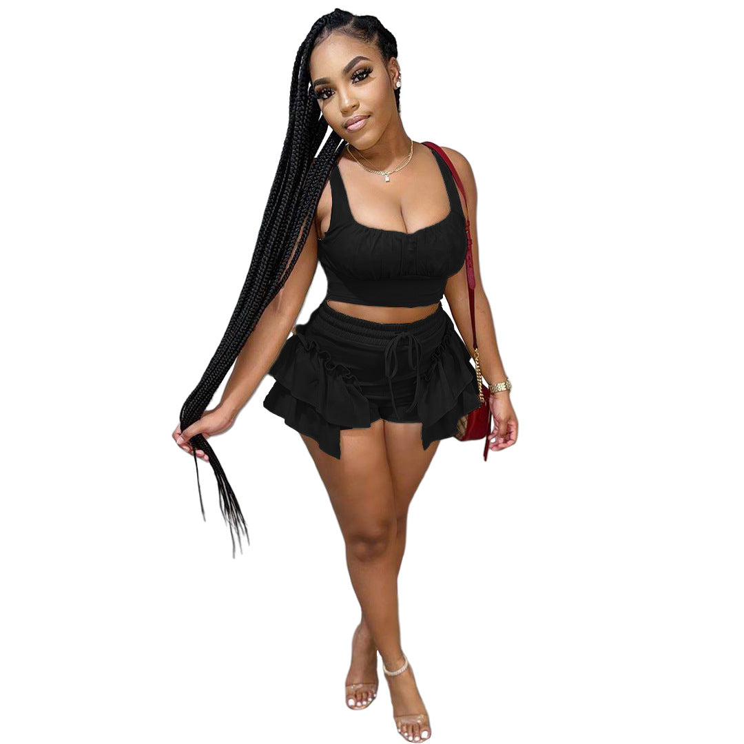 Solid Color Side Strap Two Piece Top and Shorts