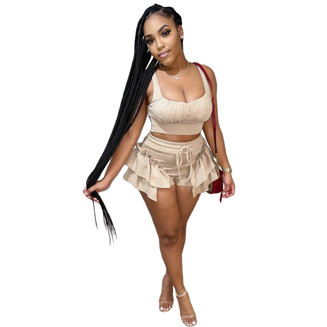 Solid Color Side Strap Two Piece Top and Shorts