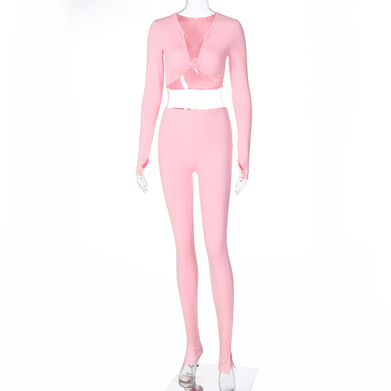 FQLWL Casual Summer 2 Two Piece Set Women Pink Outfit Long Sleeve Crop Top Leggings Women Joggers Matching Sets Ladies Tracksuit - Hendrick Brun