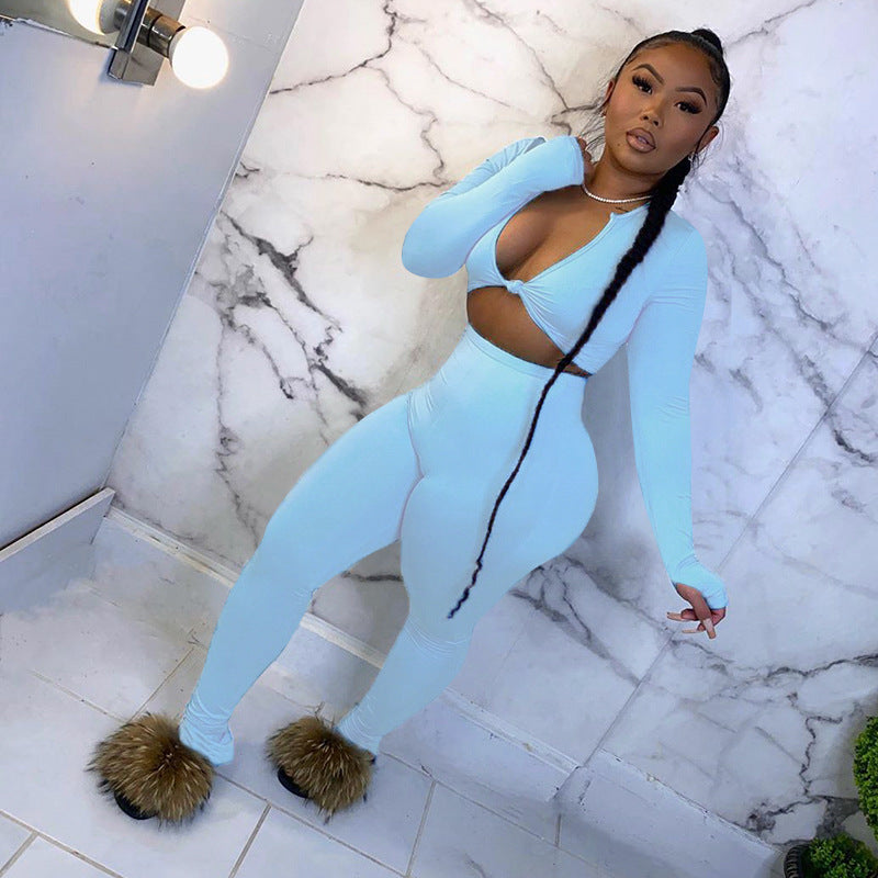 FQLWL Casual Summer 2 Two Piece Set Women Pink Outfit Long Sleeve Crop Top Leggings Women Joggers Matching Sets Ladies Tracksuit - Hendrick Brun
