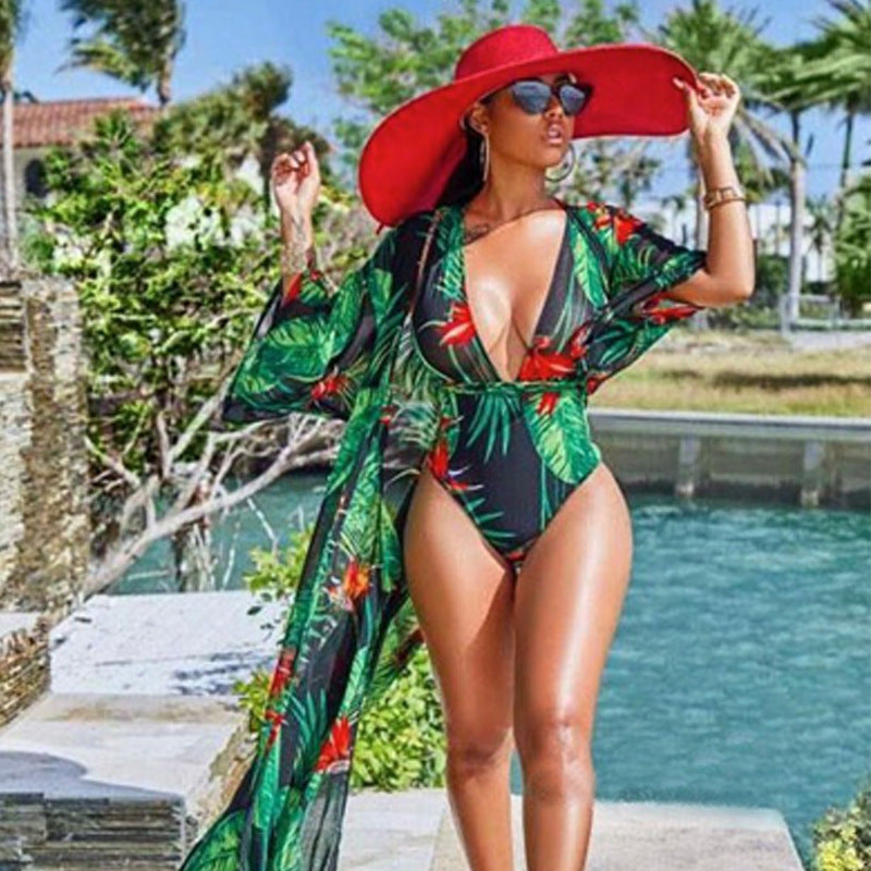 Plus Size Swimsuit Female One-piece Sexy Digital Printed Veil Bikini Blouse