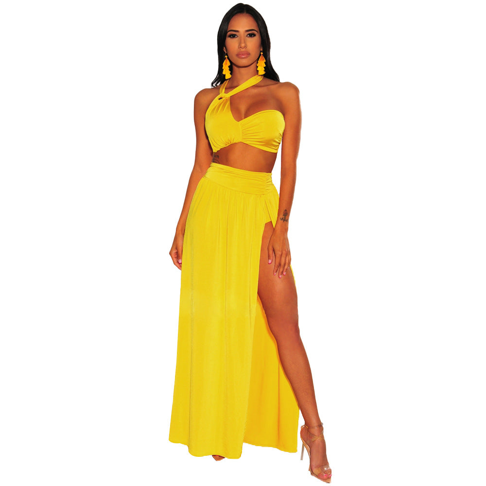 Sexy Seaside Solid Color Halter Bikini Split Swimsuit Beach Skirt Two-Piece Female