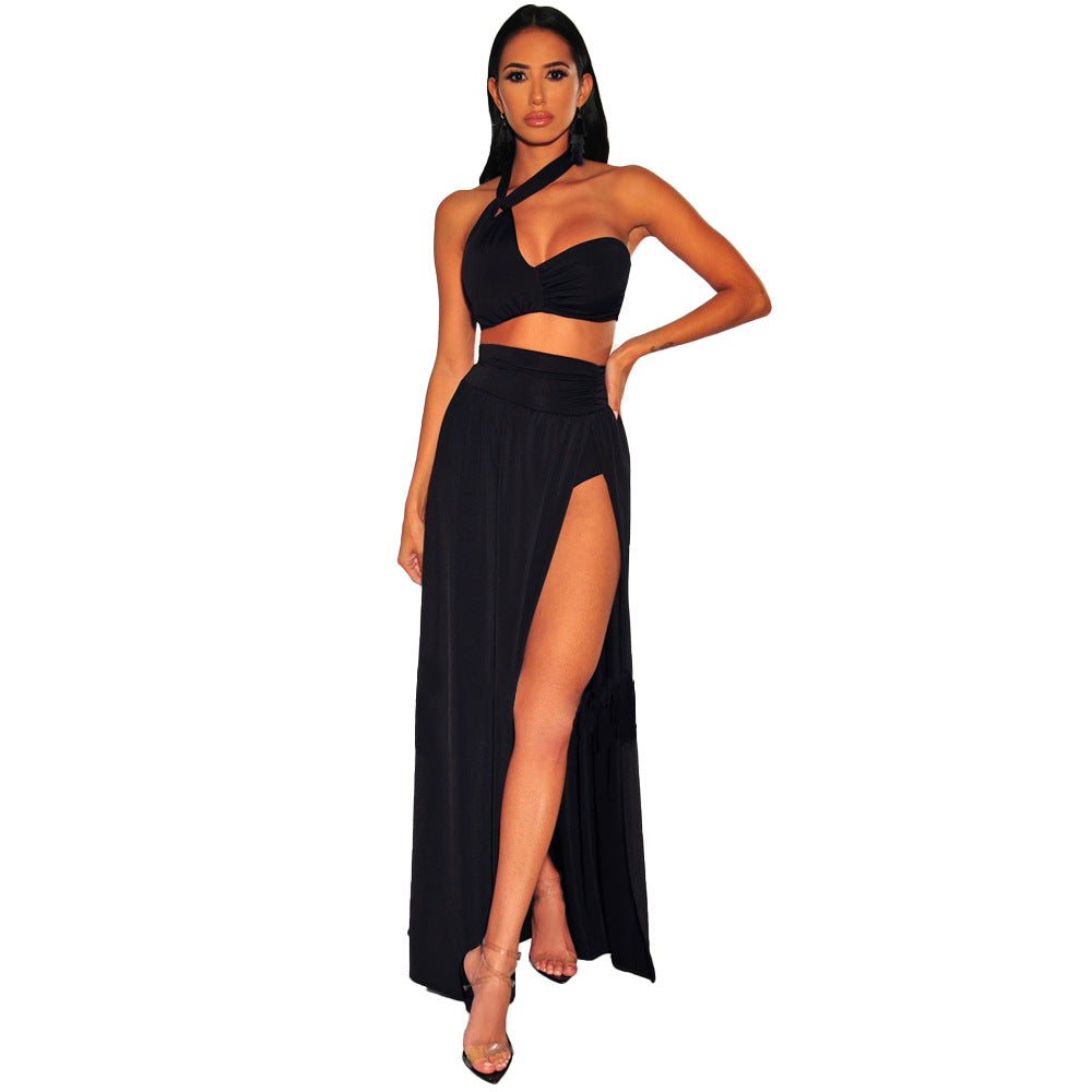 Sexy Seaside Solid Color Halter Bikini Split Swimsuit Beach Skirt Two-Piece Female