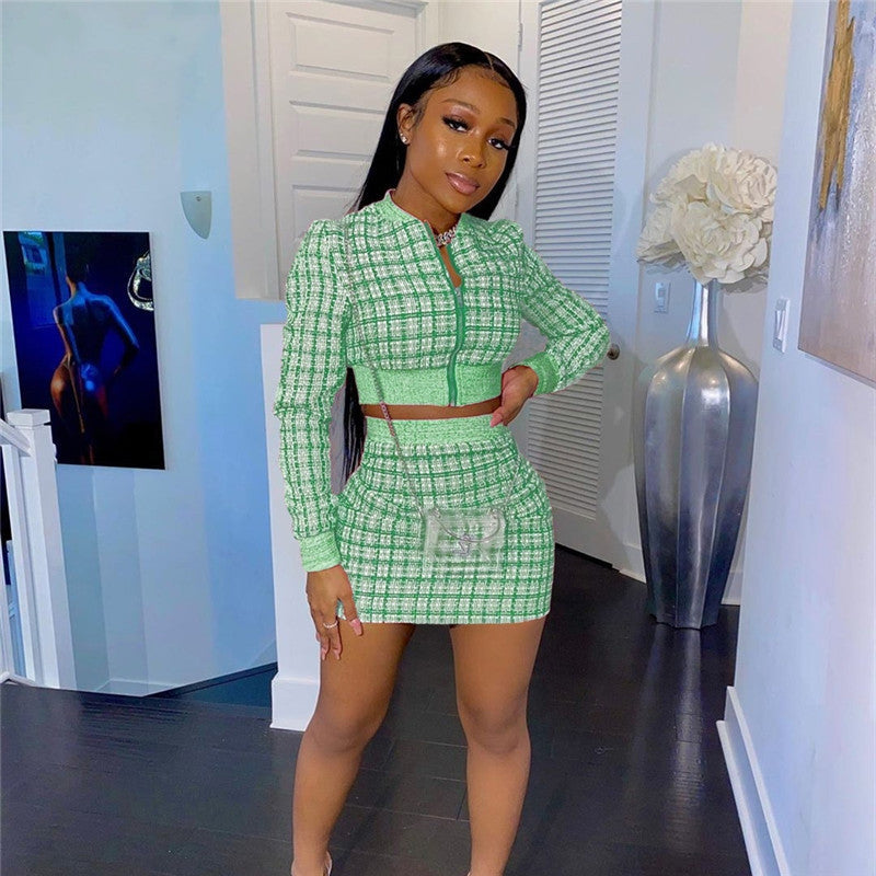 Two-Piece Printed Threaded Long-Sleeved Short Skirt - Hendrick Brun