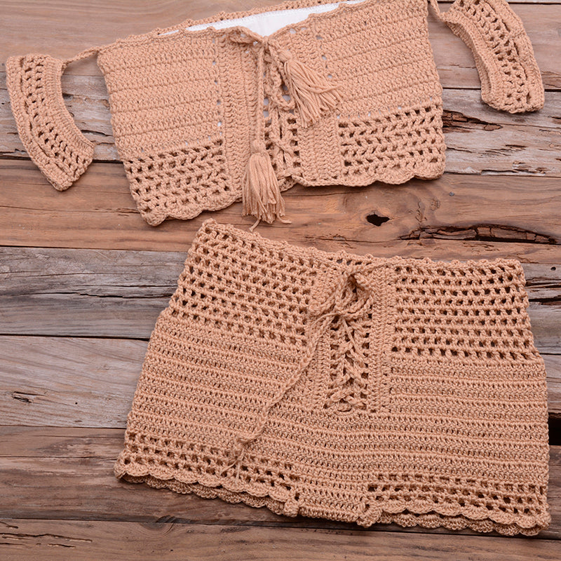 European and American hot style six-color beach bikini suit women's knitted swimwear crochet bohemian bra