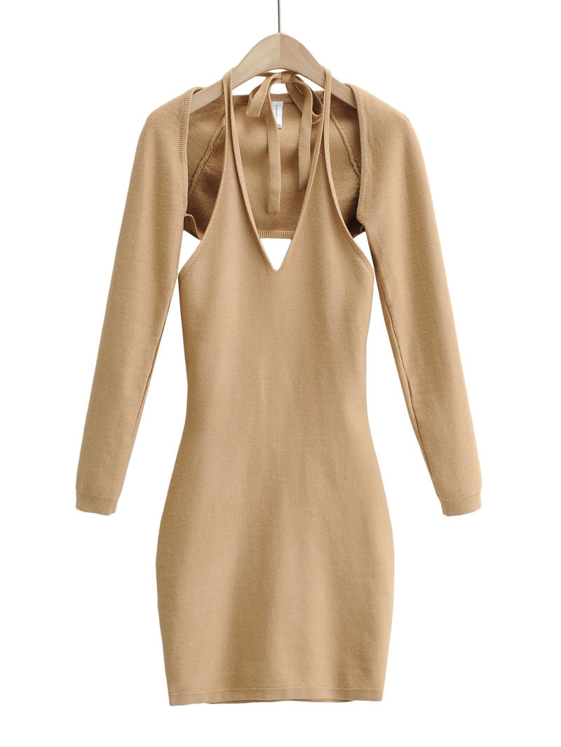 Sexy V neck Halter Knitted Sling Dress and Long Sleeve Top Women
