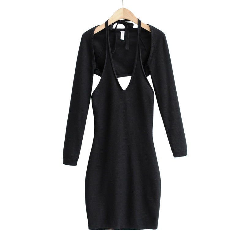 Sexy V neck Halter Knitted Sling Dress and Long Sleeve Top Women