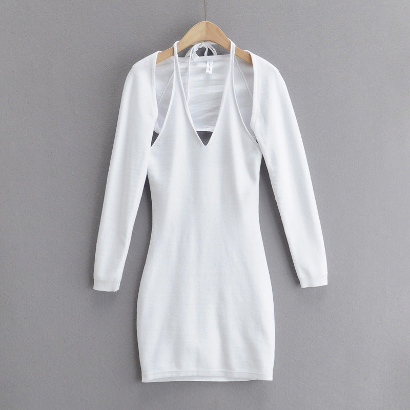 Sexy V neck Halter Knitted Sling Dress and Long Sleeve Top Women