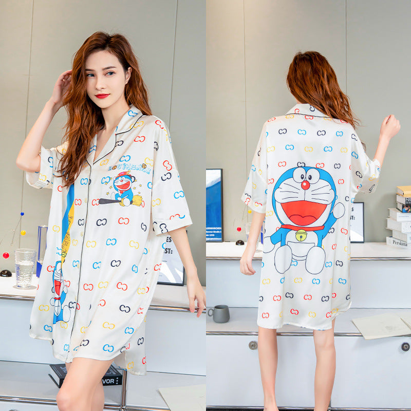 Summer New Ice Silk Nightdress Silk Shirt Skirt Pajamas Home Service