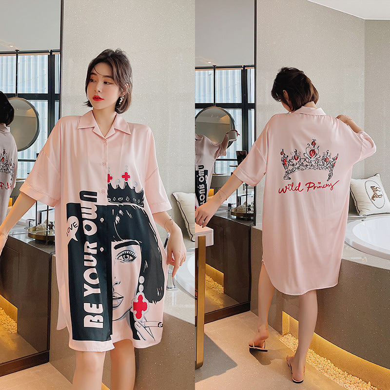 Summer New Ice Silk Nightdress Silk Shirt Skirt Pajamas Home Service
