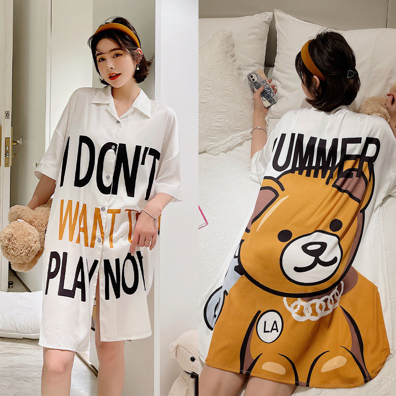 Summer New Ice Silk Nightdress Silk Shirt Skirt Pajamas Home Service