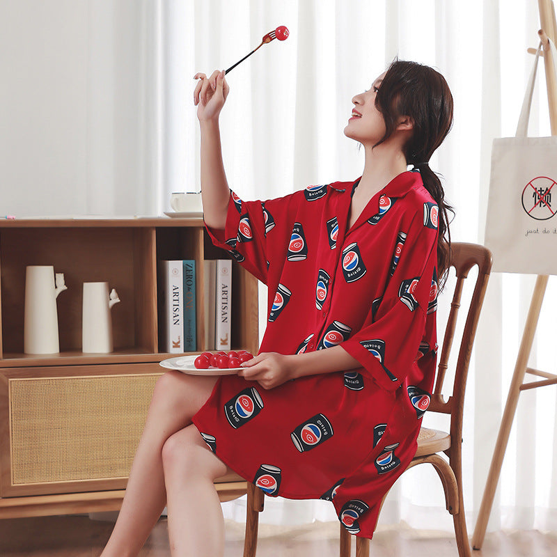 Summer New Ice Silk Nightdress Silk Shirt Skirt Pajamas Home Service