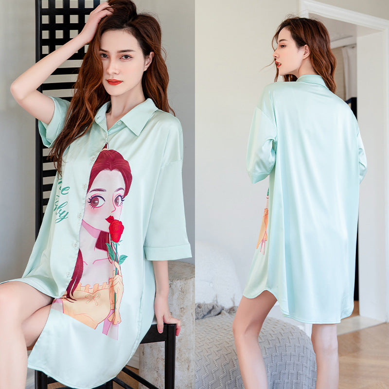 Summer New Ice Silk Nightdress Silk Shirt Skirt Pajamas Home Service