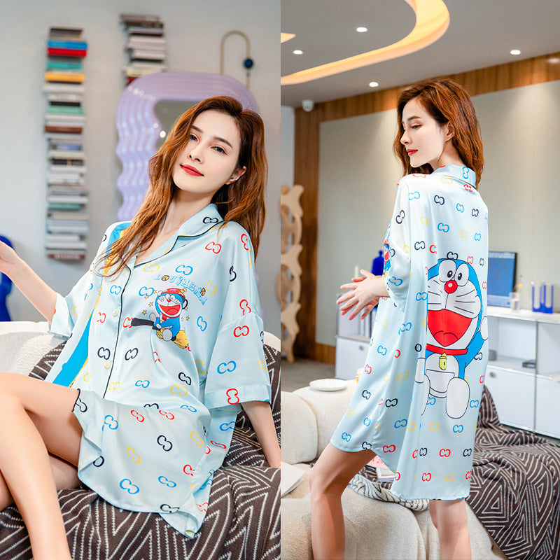 Summer New Ice Silk Nightdress Silk Shirt Skirt Pajamas Home Service