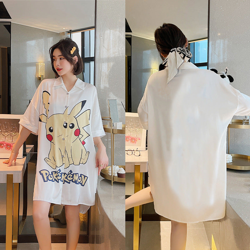 Summer New Ice Silk Nightdress Silk Shirt Skirt Pajamas Home Service