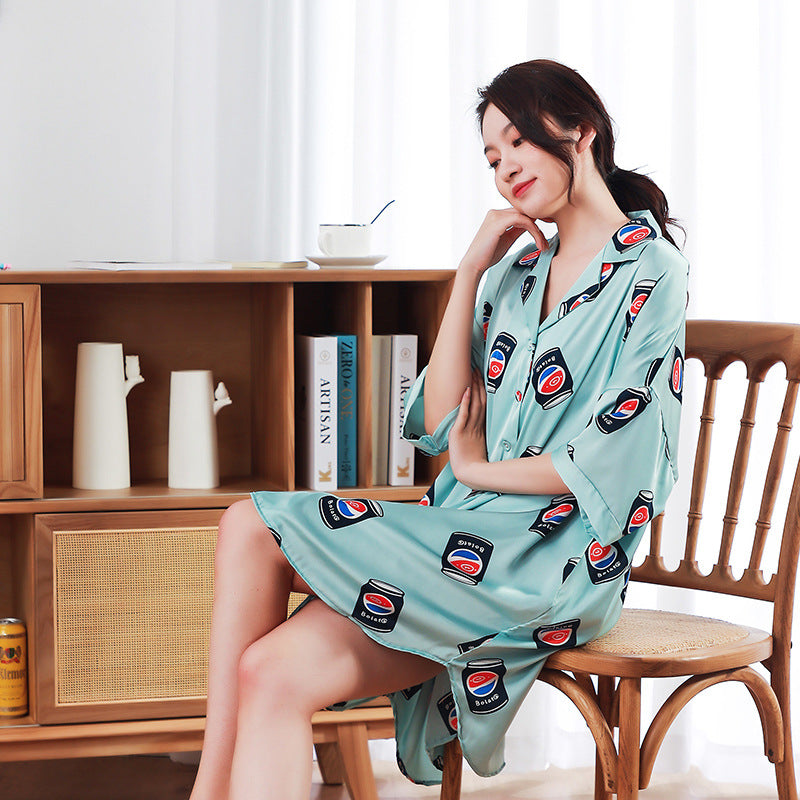 Summer New Ice Silk Nightdress Silk Shirt Skirt Pajamas Home Service