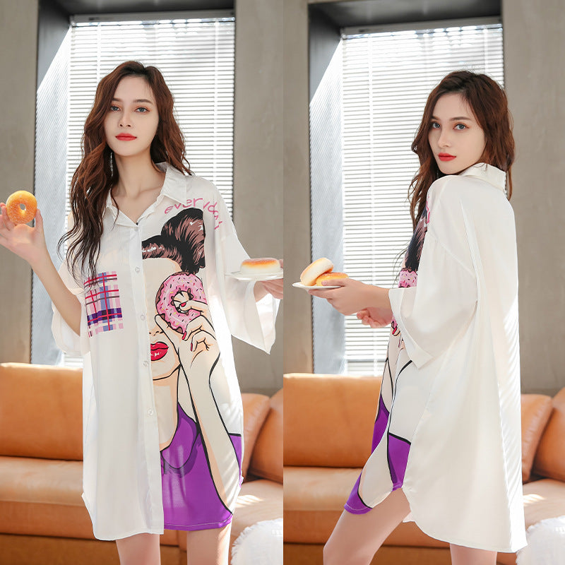 Summer New Ice Silk Nightdress Silk Shirt Skirt Pajamas Home Service