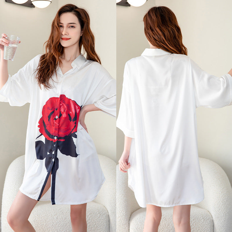 Summer New Ice Silk Nightdress Silk Shirt Skirt Pajamas Home Service