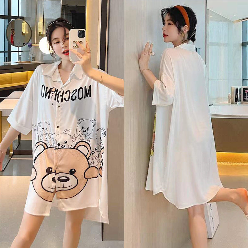 Summer New Ice Silk Nightdress Silk Shirt Skirt Pajamas Home Service