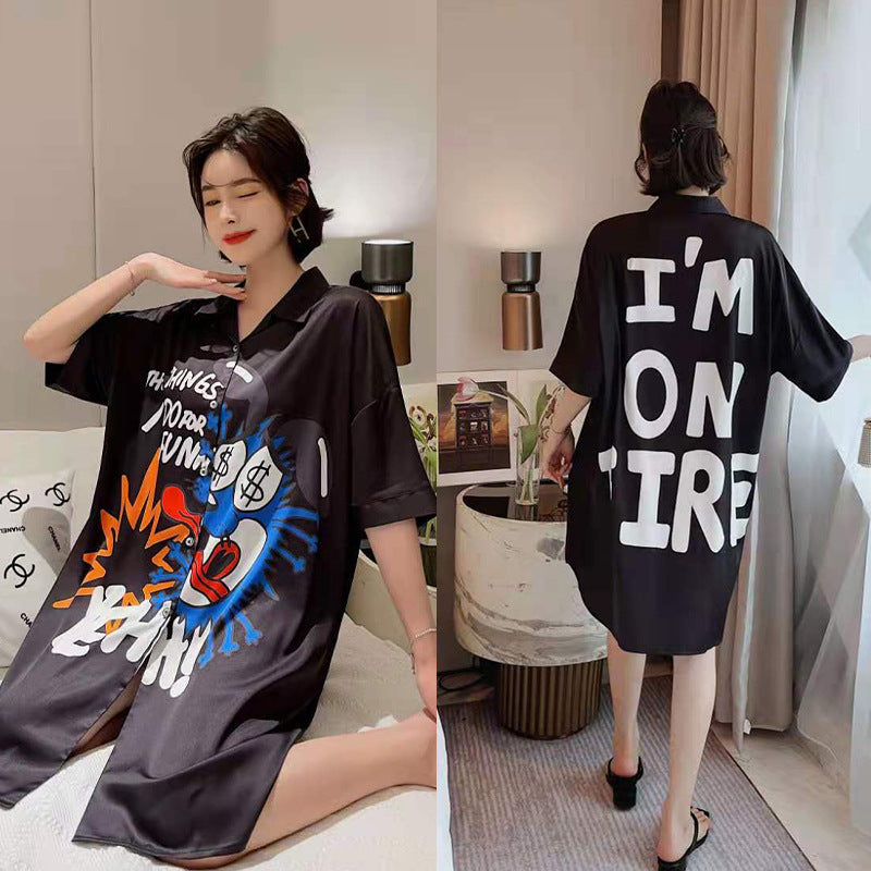 Summer New Ice Silk Nightdress Silk Shirt Skirt Pajamas Home Service
