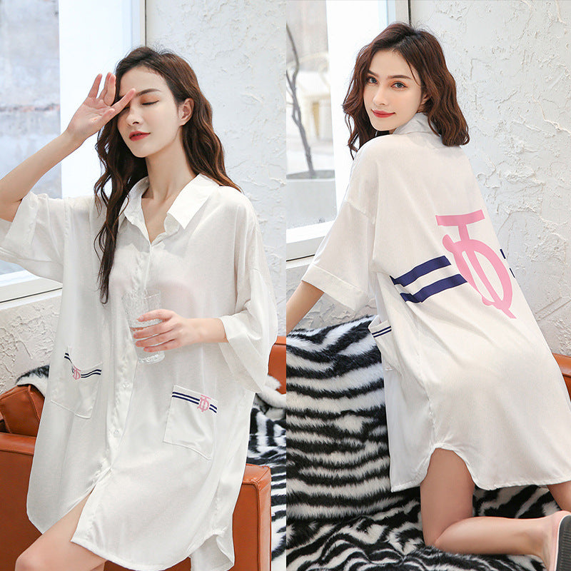 Summer New Ice Silk Nightdress Silk Shirt Skirt Pajamas Home Service