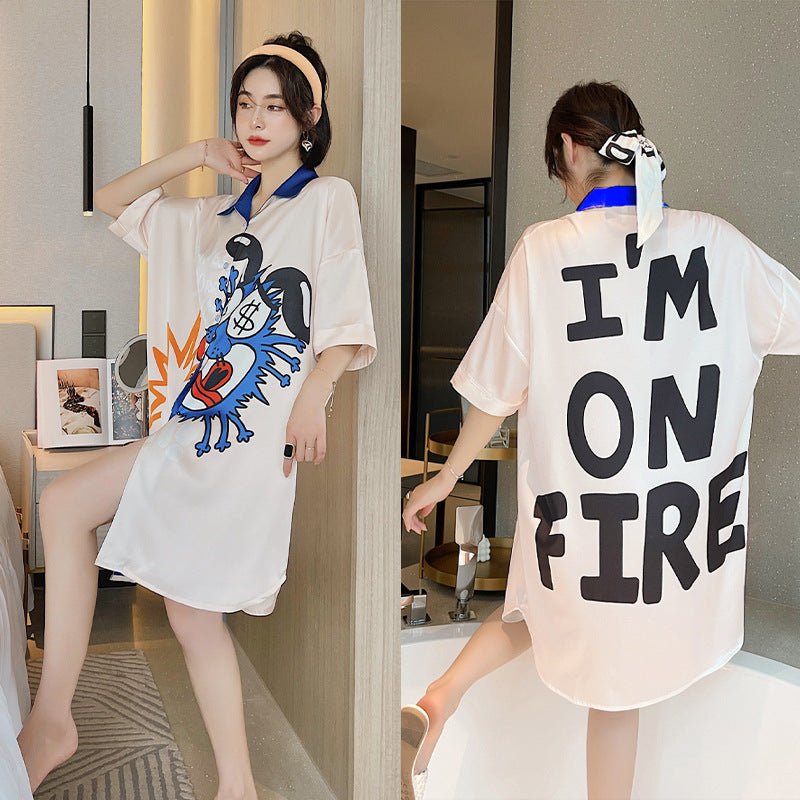 Summer New Ice Silk Nightdress Silk Shirt Skirt Pajamas Home Service