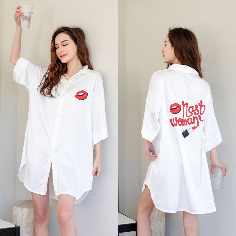 Summer New Ice Silk Nightdress Silk Shirt Skirt Pajamas Home Service