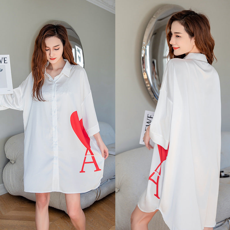 Summer New Ice Silk Nightdress Silk Shirt Skirt Pajamas Home Service