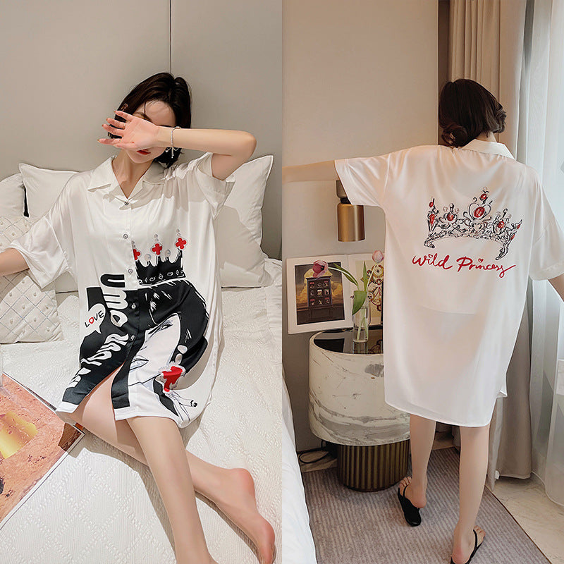 Summer New Ice Silk Nightdress Silk Shirt Skirt Pajamas Home Service