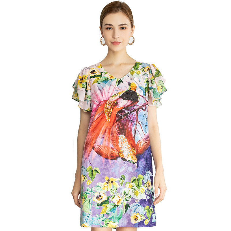 Animal Floral Print Short Dress With Diamonds