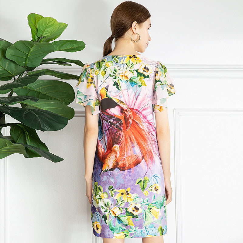 Animal Floral Print Short Dress With Diamonds