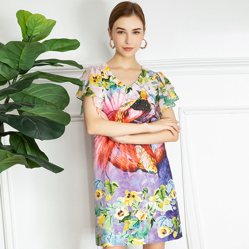 Animal Floral Print Short Dress With Diamonds