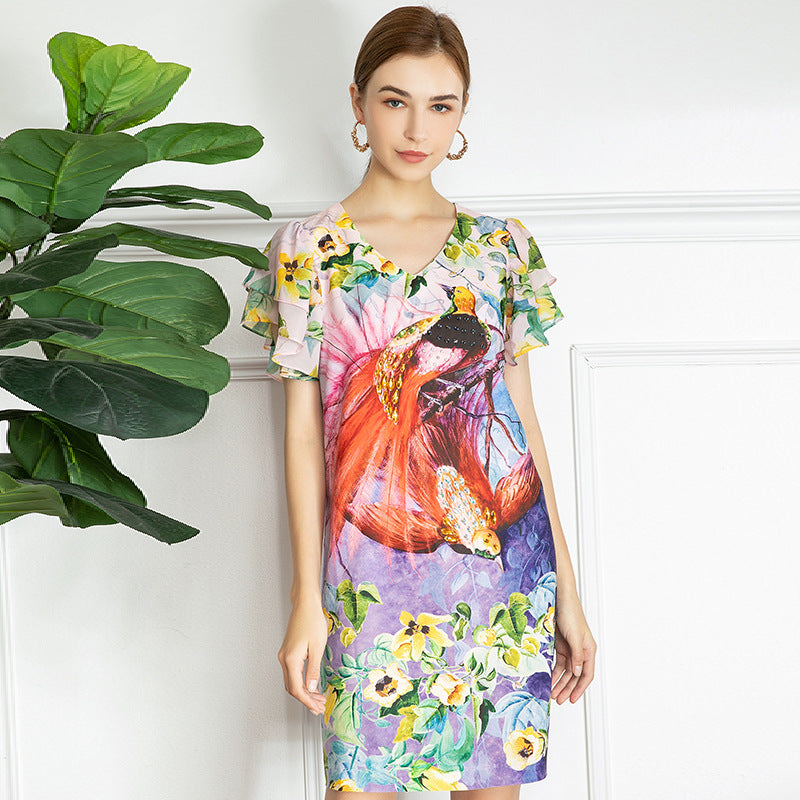 Animal Floral Print Short Dress With Diamonds
