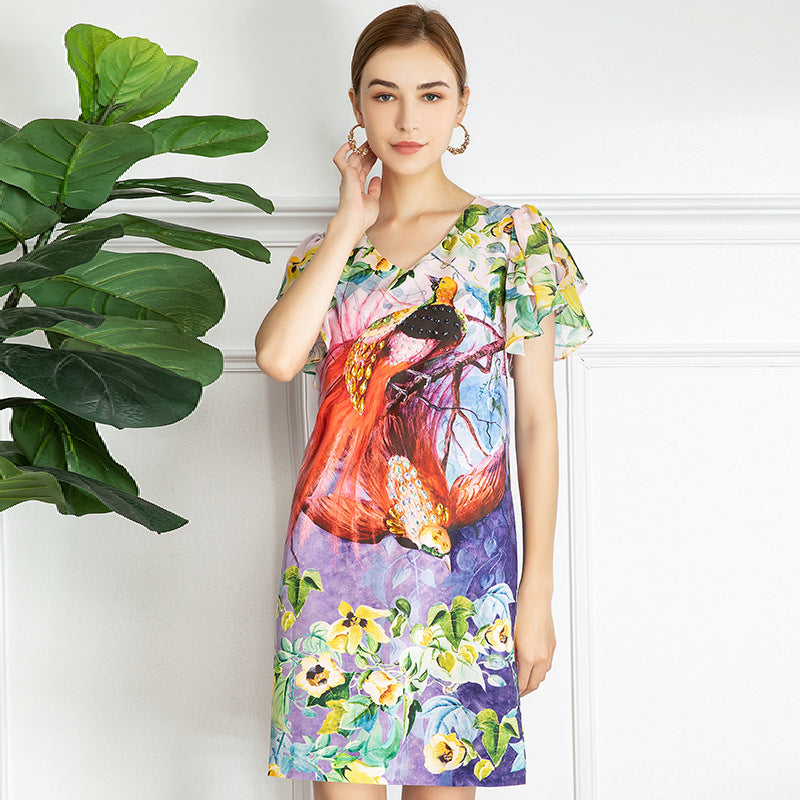 Animal Floral Print Short Dress With Diamonds