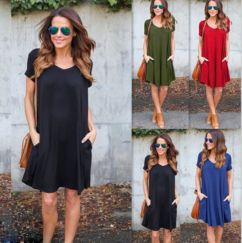 V-neck Casual Pocket Loose Short Sleeve Dress