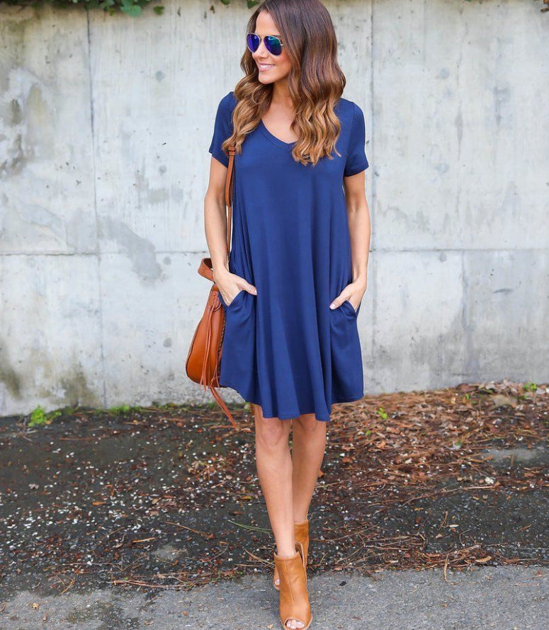 V-neck Casual Pocket Loose Short Sleeve Dress