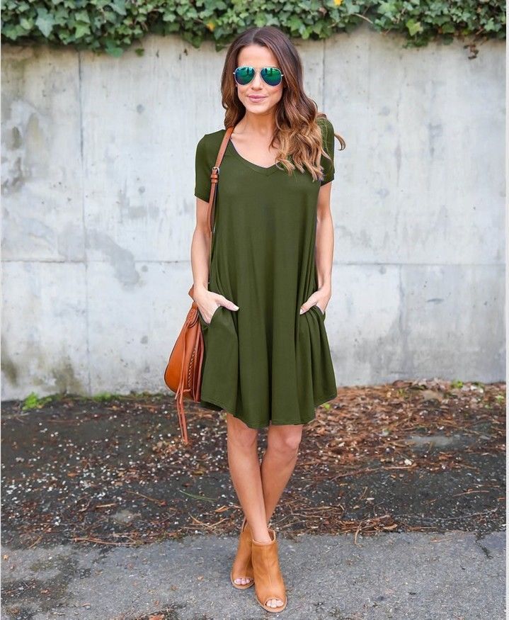 V-neck Casual Pocket Loose Short Sleeve Dress