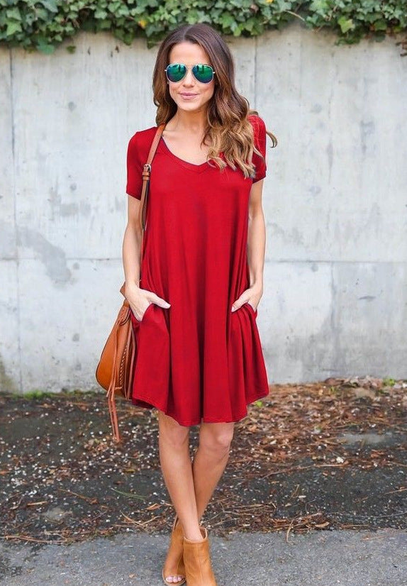 V-neck Casual Pocket Loose Short Sleeve Dress