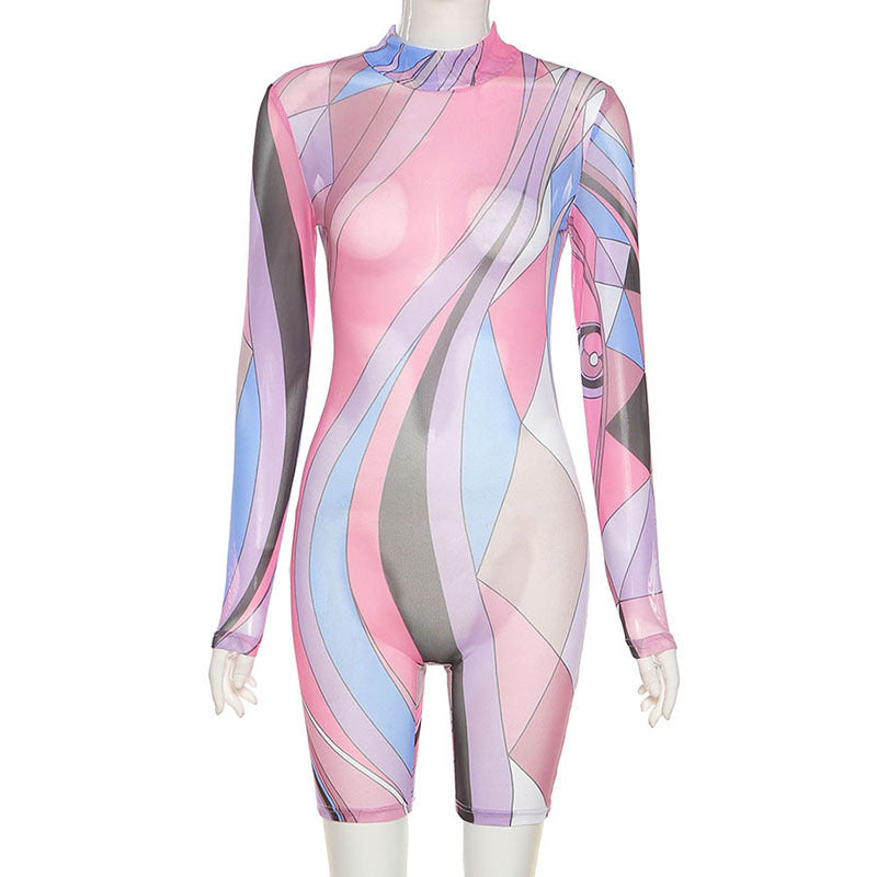 Fashion Sexy High Waist Bag Hip Mesh Printed Tight Sports Jumpsuit