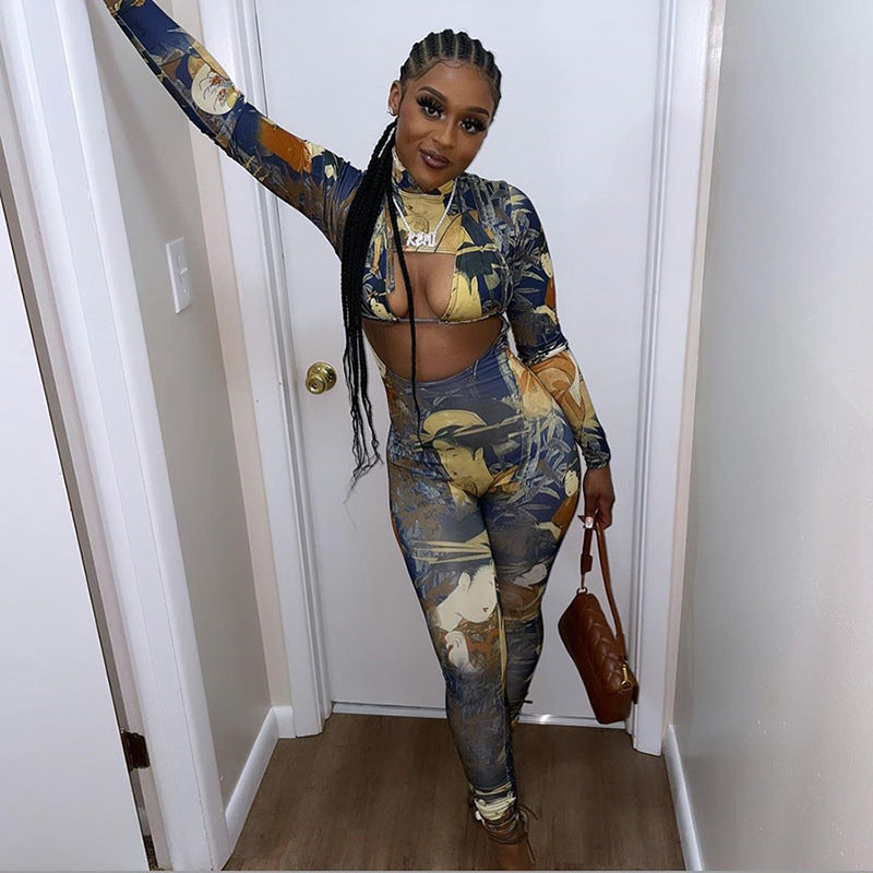 Retro Print Hollow Jumpsuit