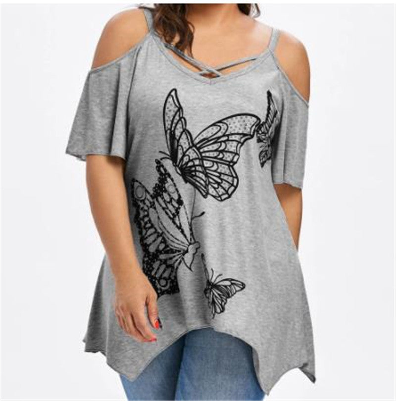 Sexy Front Cross Butterfly Print T-shirt Off Shoulder Short Sleeves