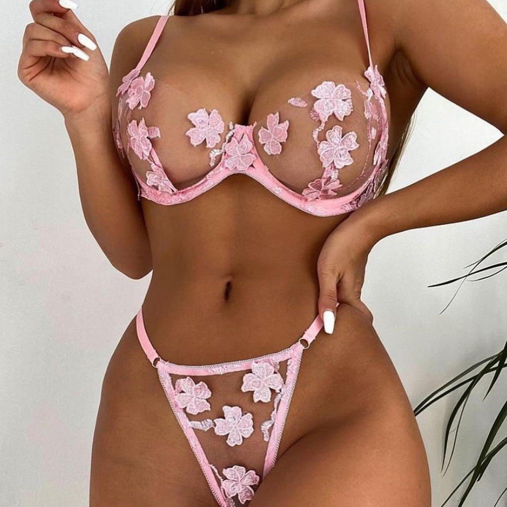Embroidered Flower Mesh See-Through Two Piece Swimsuit