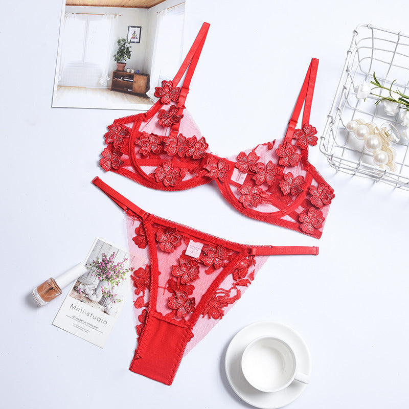 Embroidered Flower Mesh See-Through Two Piece Swimsuit